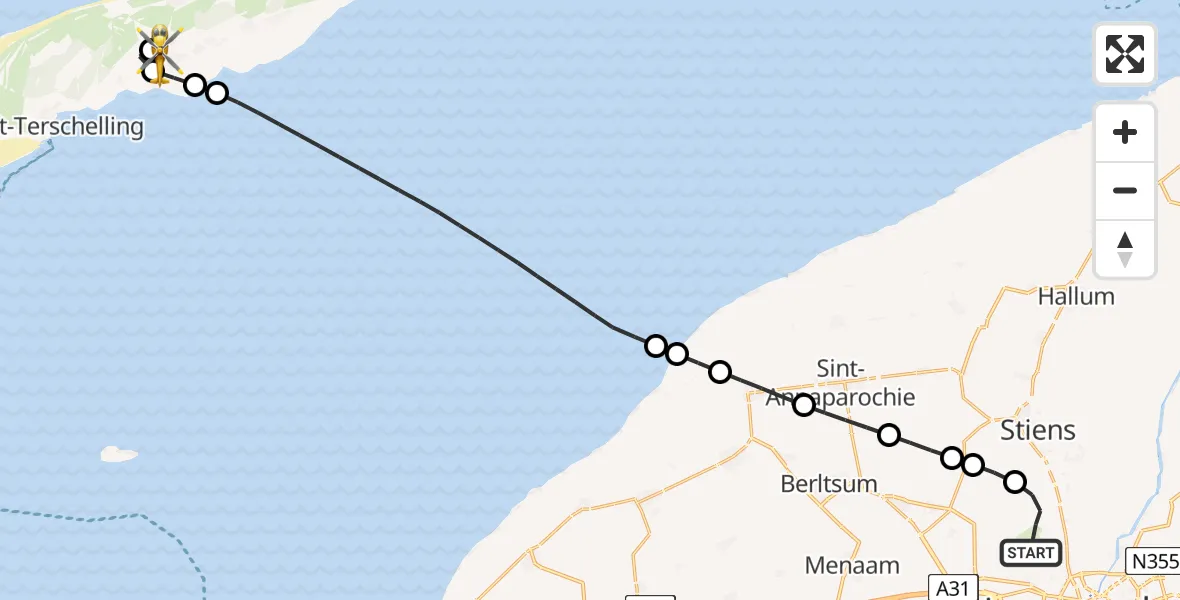 Routekaart van de vlucht: Ambulancehelikopter naar Terschelling Heliport, Terschelling Heliport