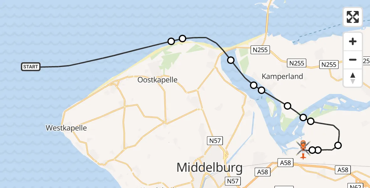 Routekaart van de vlucht: Kustwachthelikopter naar Vliegveld Midden-Zeeland, Vliegveld Midden-Zeeland