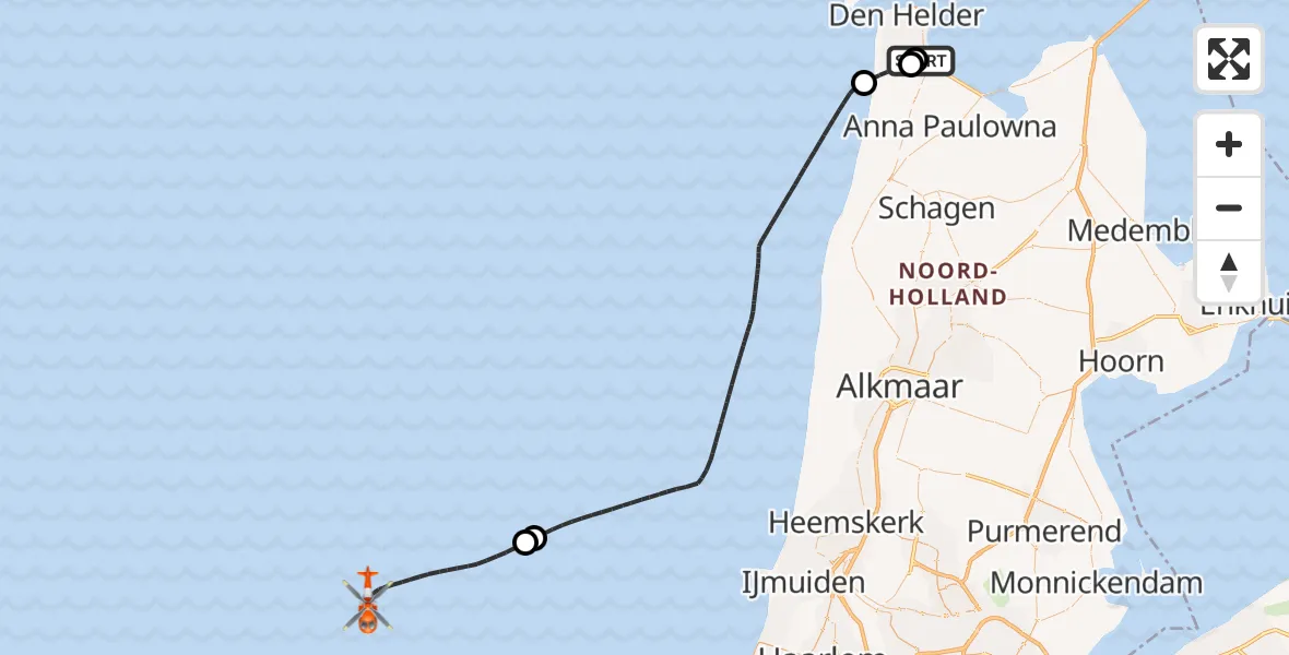 Routekaart van de vlucht: Kustwachthelikopter naar Noordzee, Noordzee