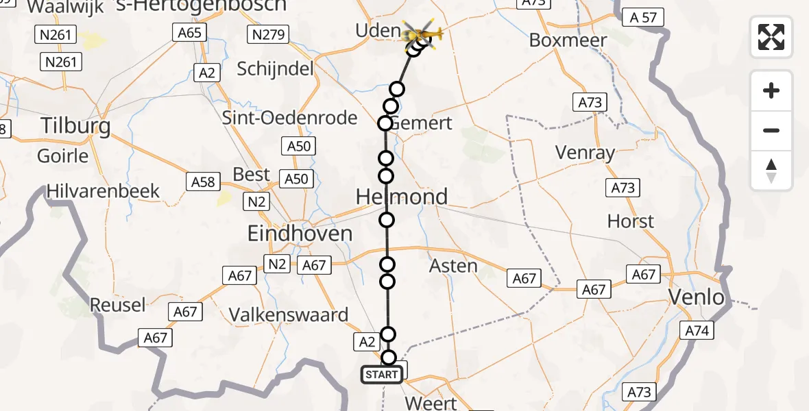 Routekaart van de vlucht: Lifeliner 3 naar Vliegbasis Volkel, Vliegbasis Volkel