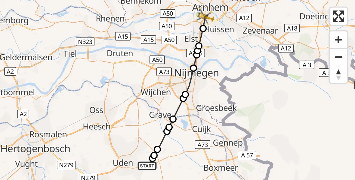 Routekaart van de vlucht: Lifeliner 3 naar Arnhem, Batavierenweg