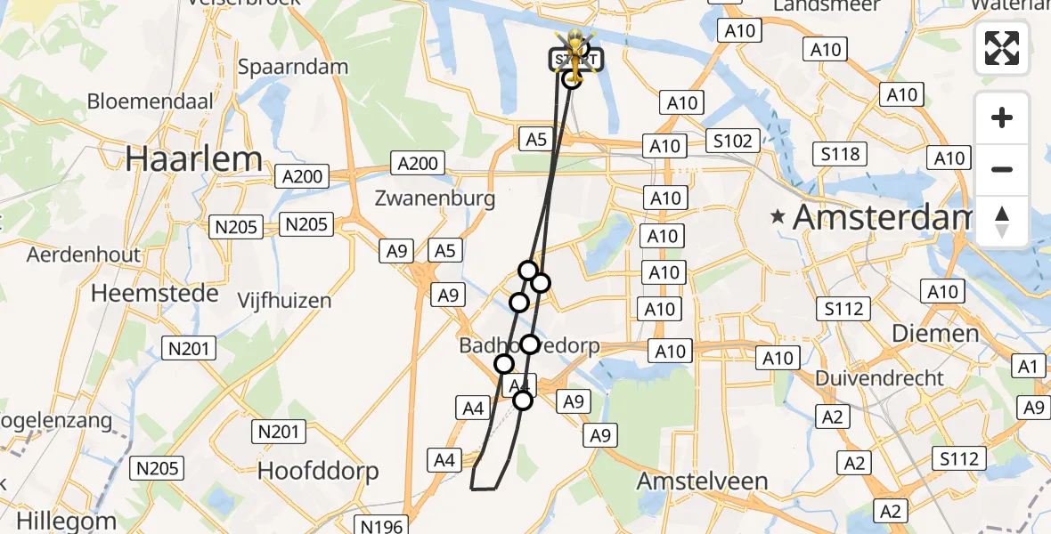 Routekaart van de vlucht: Lifeliner 1 naar Amsterdam Heliport, Amsterdam Heliport