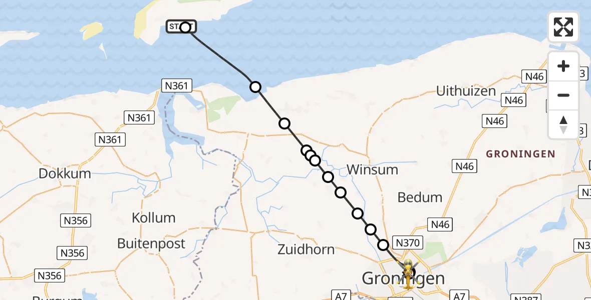 Routekaart van de vlucht: Ambulancehelikopter naar Universitair Medisch Centrum Groningen, Universitair Medisch Centrum Groningen
