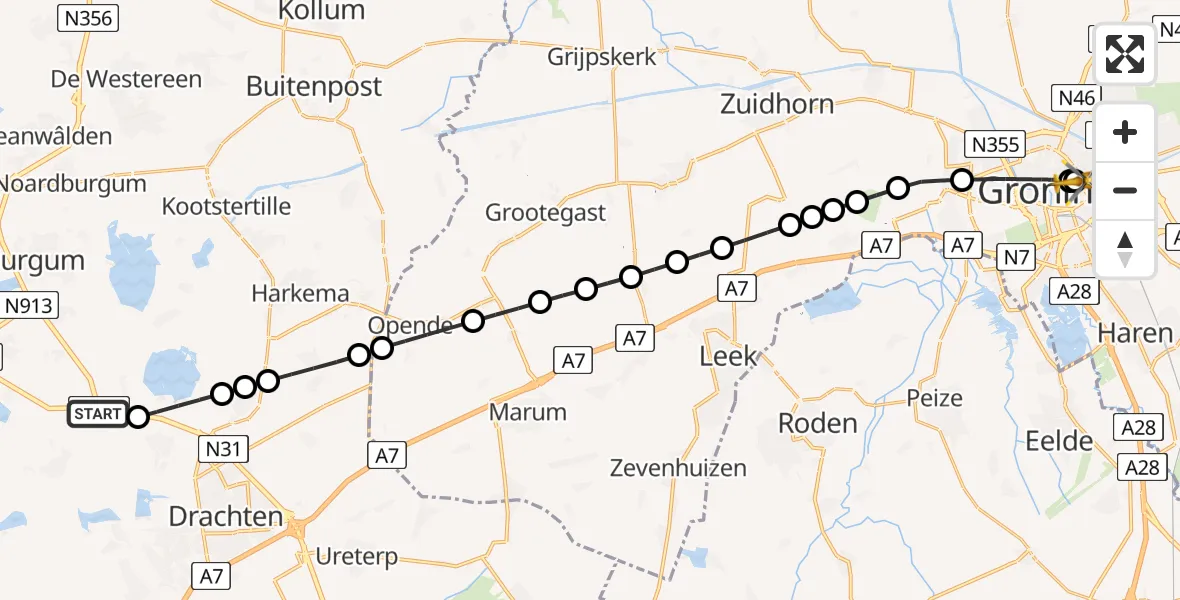 Routekaart van de vlucht: Lifeliner 4 naar Universitair Medisch Centrum Groningen, Universitair Medisch Centrum Groningen