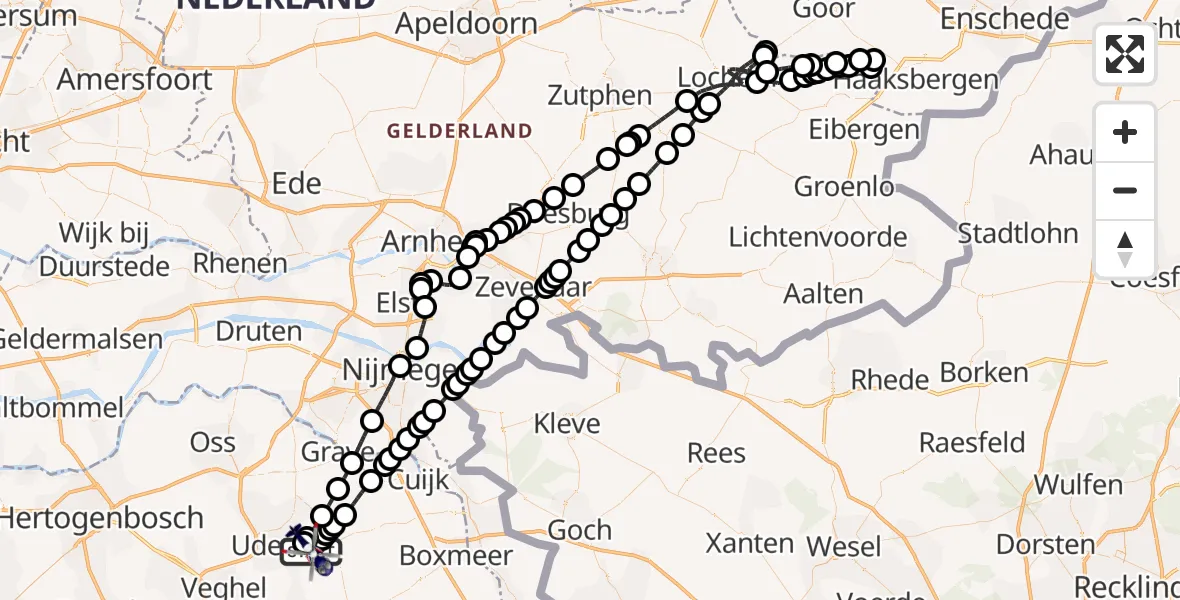 Routekaart van de vlucht: Politiehelikopter naar Vliegbasis Volkel, Vliegbasis Volkel