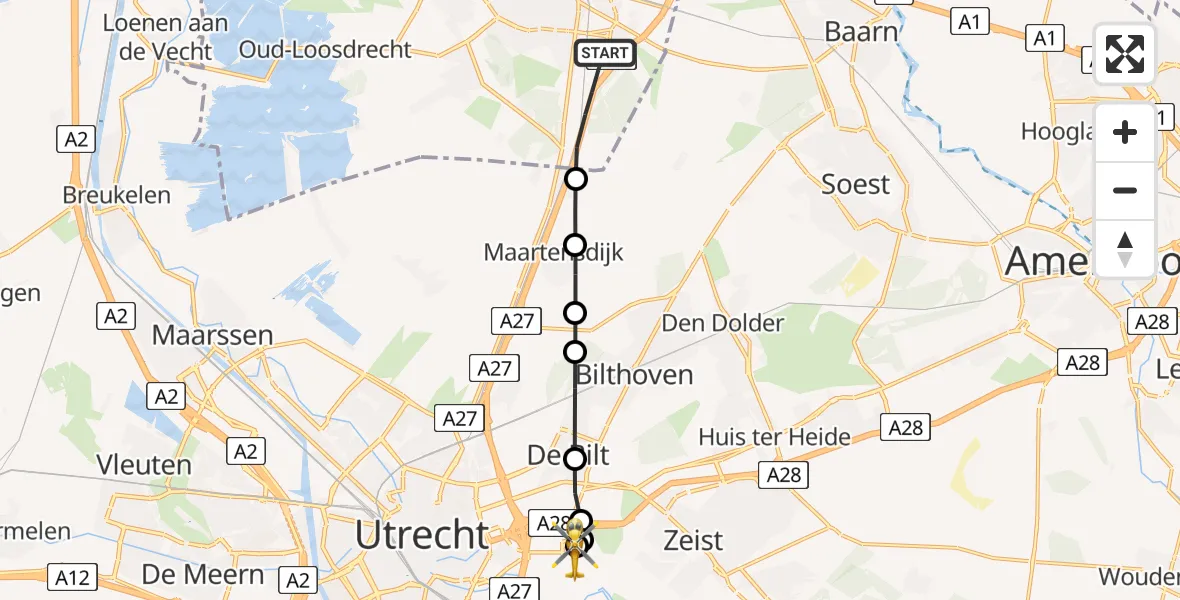 Routekaart van de vlucht: Lifeliner 1 naar Universitair Medisch Centrum Utrecht, Universitair Medisch Centrum Utrecht