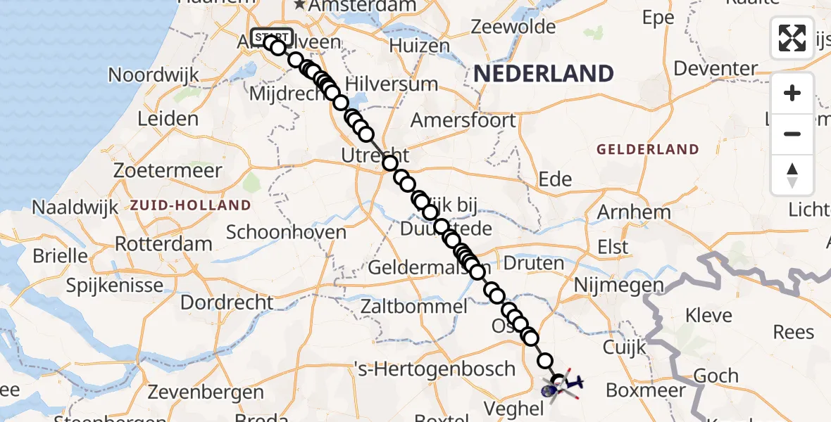 Routekaart van de vlucht: Politiehelikopter naar Vliegbasis Volkel, Vliegbasis Volkel