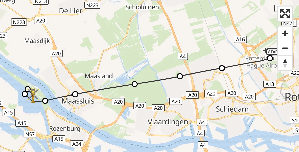 Routekaart van de vlucht: Lifeliner 2 naar Rozenburg, Noordzeeweg