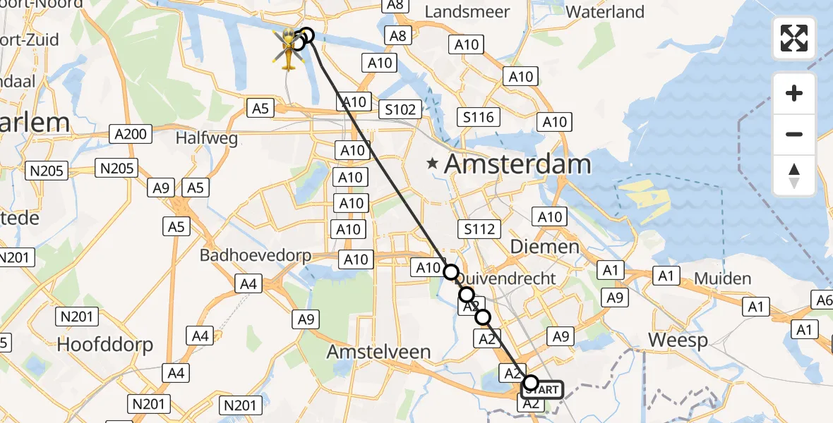 Routekaart van de vlucht: Lifeliner 1 naar Amsterdam Heliport, Amsterdam Heliport