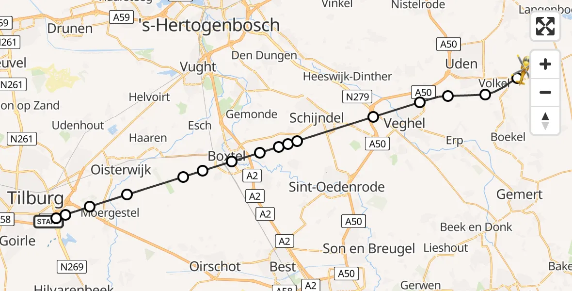 Vluchtroute Traumahelikopter St. Elisabeth Hospital Heliport - Vliegbasis Volkel, 02 februari 2026, 02:32