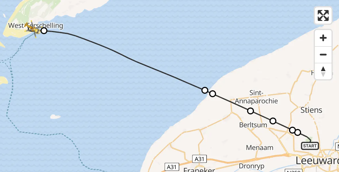 Routekaart van de vlucht: Ambulancehelikopter naar West-Terschelling, Groene Strand