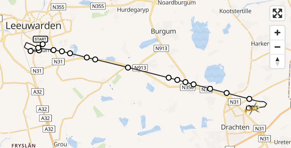 Routekaart van de vlucht: Ambulancehelikopter naar Drachten, Noorderend