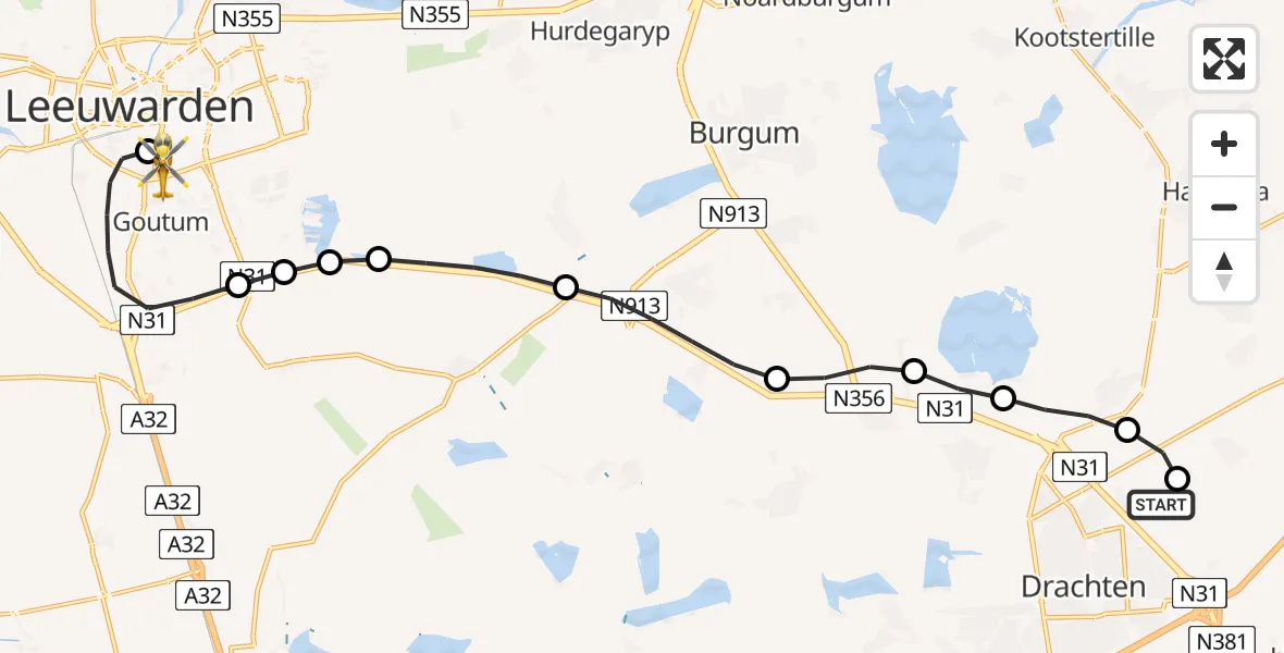 Routekaart van de vlucht: Ambulancehelikopter naar Leeuwarden Medical Center Heliport, Leeuwarden Medical Center Heliport