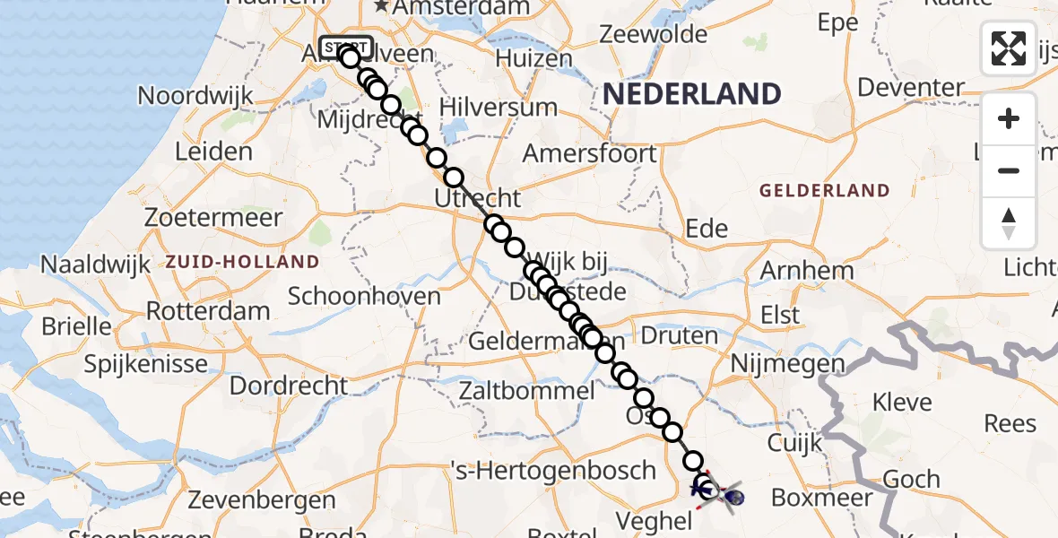 Routekaart van de vlucht: Politiehelikopter naar Vliegbasis Volkel, Vliegbasis Volkel