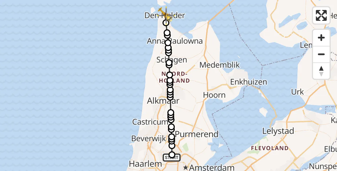 Routekaart van de vlucht: Lifeliner 1 naar Den Helder, Koningstraat