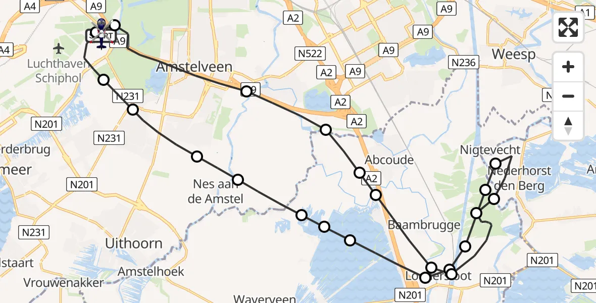 Routekaart van de vlucht: Politiehelikopter naar Amsterdam Vliegveld Schiphol, Amsterdam Vliegveld Schiphol
