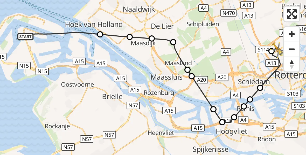 Vluchtroute Traumahelikopter Rotterdam - Rotterdam The Hague Airport, 02 februari 2026, 14:57