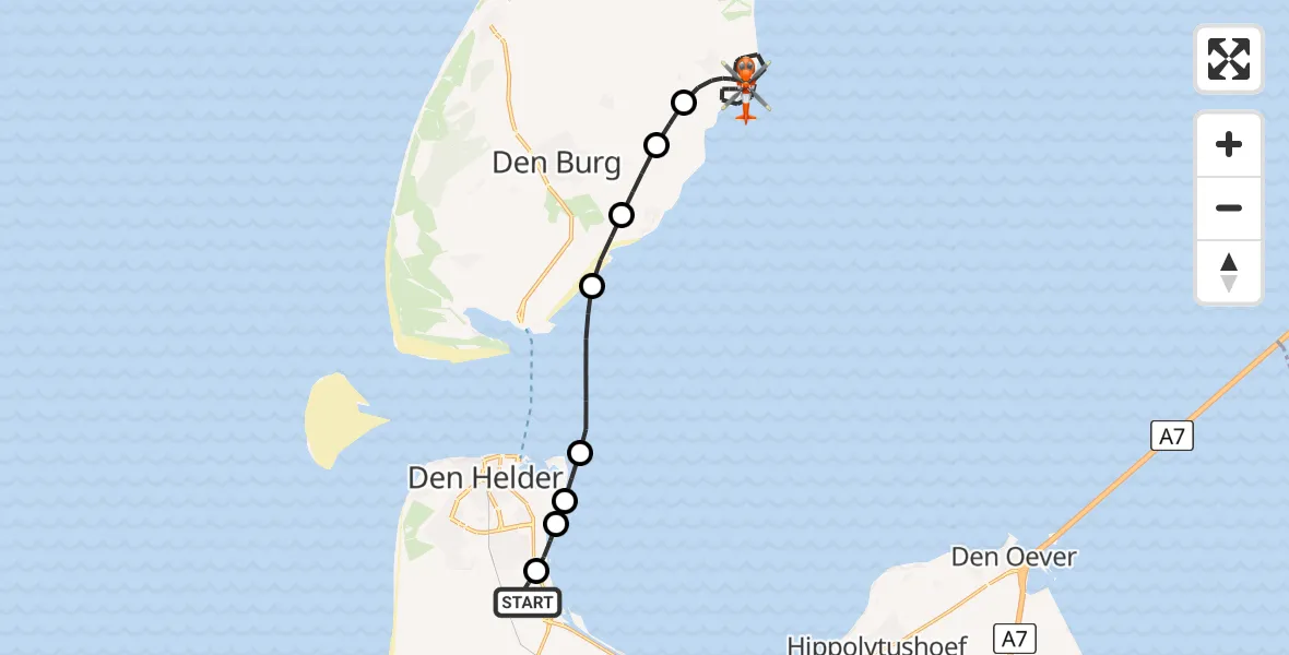 Vluchtroute Kustwachthelikopter van Militair vliegveld De Kooy / Den Helder Airport naar Oosterend