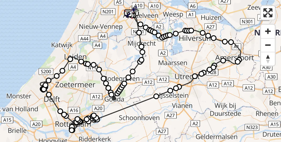Routekaart van de vlucht: Politiehelikopter naar Amsterdam Vliegveld Schiphol, Amsterdam Vliegveld Schiphol