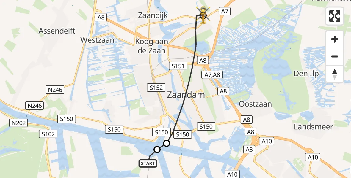 Routekaart van de vlucht: Lifeliner 1 naar Wijdewormer, Westerdijk