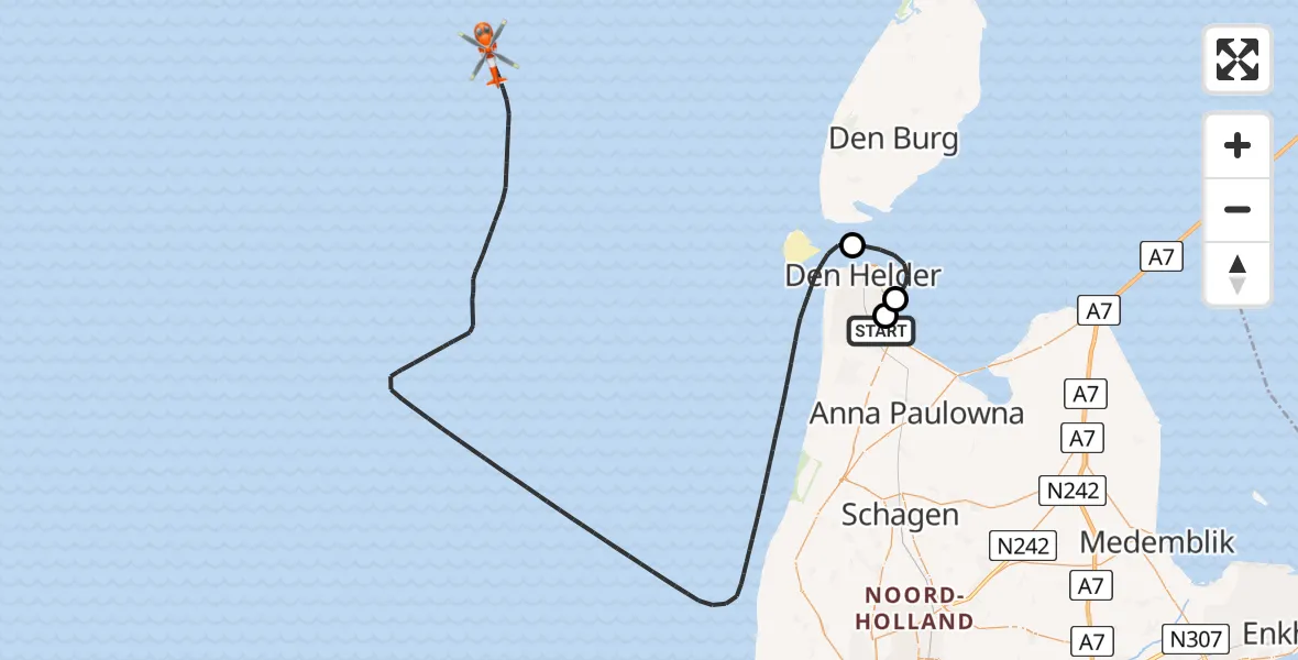 Routekaart van de vlucht: Kustwachthelikopter naar Noordzee, Noordzee