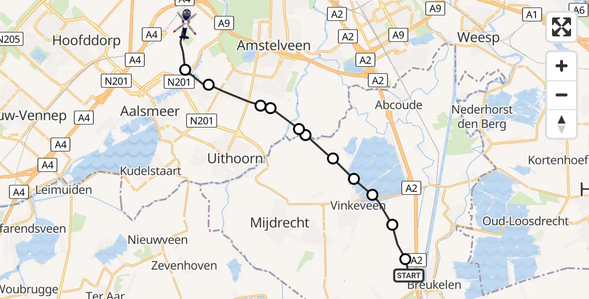Routekaart van de vlucht: Politiehelikopter naar Amsterdam Vliegveld Schiphol, Amsterdam Vliegveld Schiphol