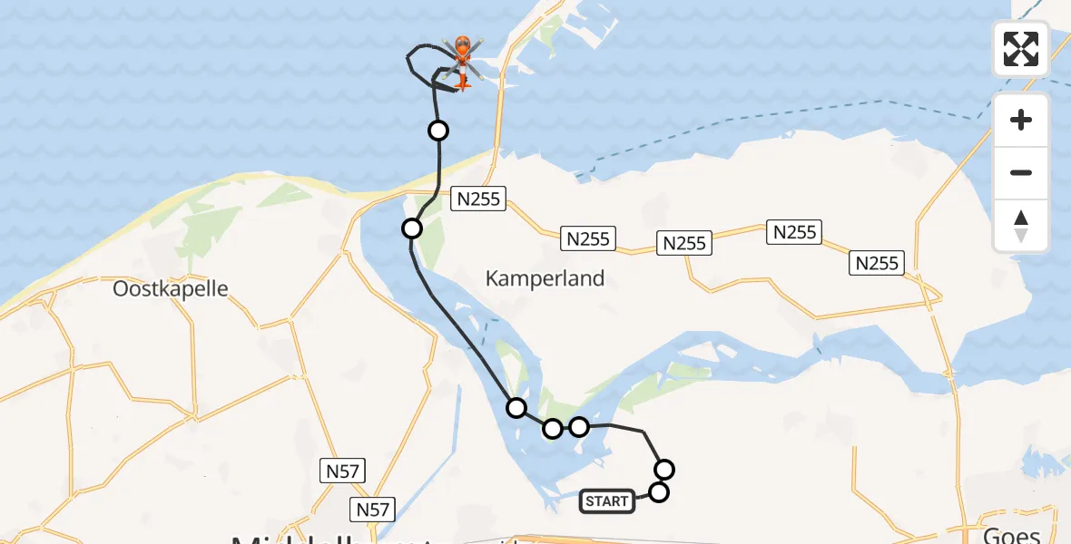Routekaart van de vlucht: Kustwachthelikopter naar Noordzee, Noordzee