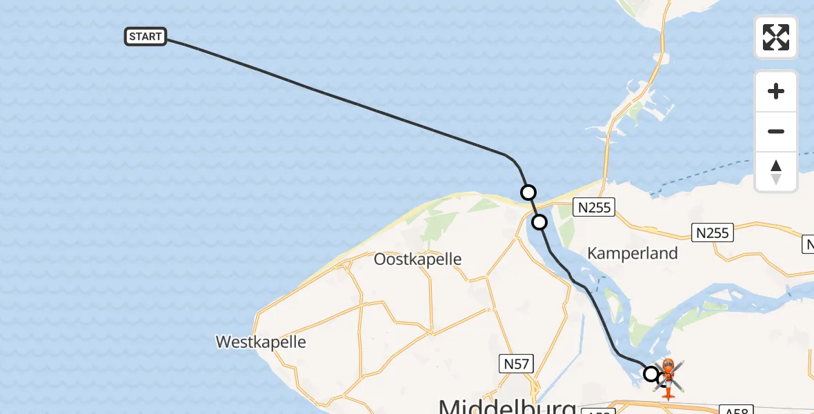 Routekaart van de vlucht: Kustwachthelikopter naar Vliegveld Midden-Zeeland, Vliegveld Midden-Zeeland