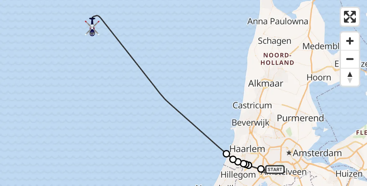 Routekaart van de vlucht: Politiehelikopter naar Noordzee, Noordzee