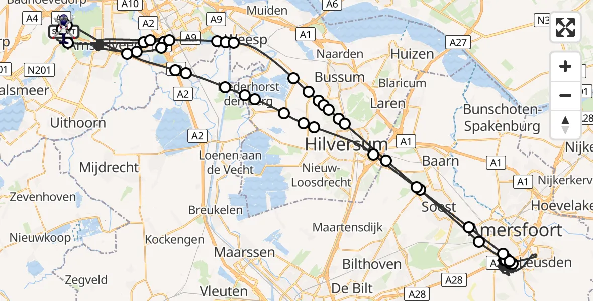 Routekaart van de vlucht: Politiehelikopter naar Amsterdam Vliegveld Schiphol, Amsterdam Vliegveld Schiphol