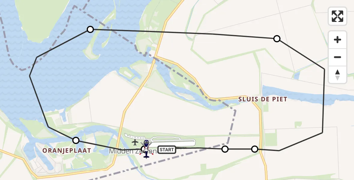 Routekaart van de vlucht: Politiehelikopter naar Vliegveld Midden-Zeeland, Vliegveld Midden-Zeeland