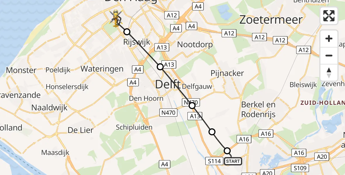 Routekaart van de vlucht: Lifeliner 2 naar Den Haag, Viljoenstraat