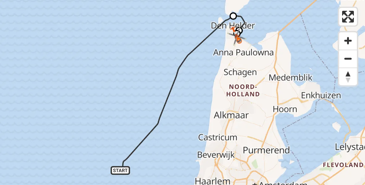 Routekaart van de vlucht: Kustwachthelikopter naar Militair vliegveld De Kooy / Den Helder Airport, Militair vliegveld De Kooy / Den Helder Airport