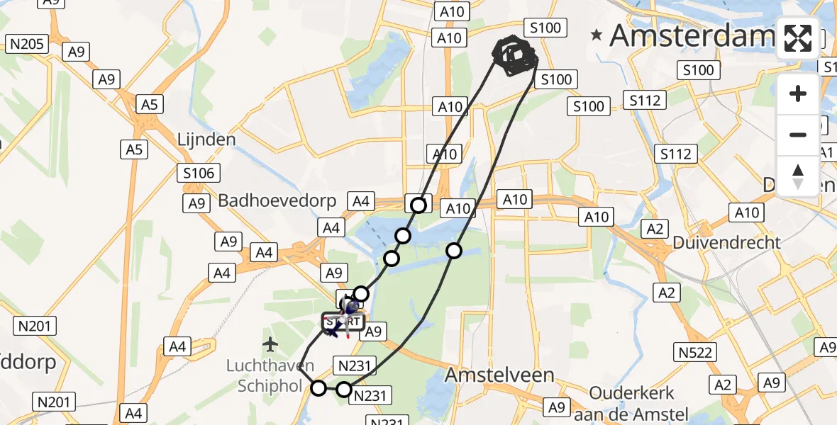 Routekaart van de vlucht: Politiehelikopter naar Amsterdam Vliegveld Schiphol, Amsterdam Vliegveld Schiphol
