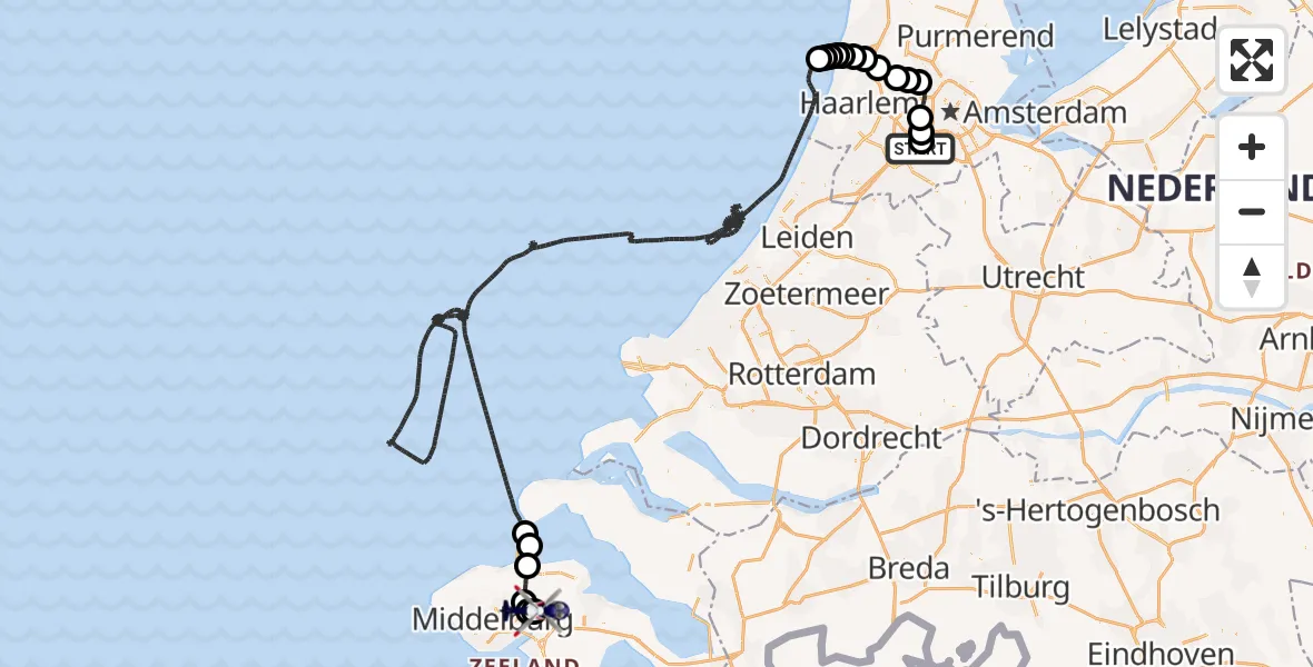 Routekaart van de vlucht: Politiehelikopter naar Vliegveld Midden-Zeeland, Vliegveld Midden-Zeeland