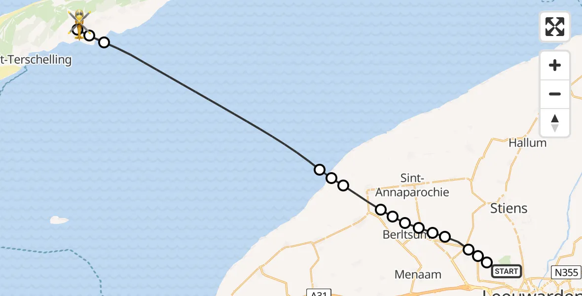 Routekaart van de vlucht: Ambulancehelikopter naar Terschelling Heliport, Terschelling Heliport