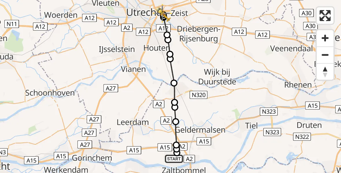 Routekaart van de vlucht: Lifeliner 3 naar Universitair Medisch Centrum Utrecht, Universitair Medisch Centrum Utrecht