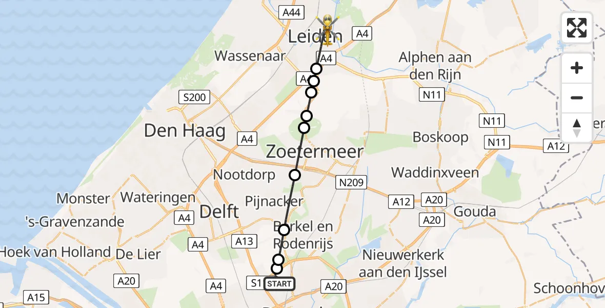 Routekaart van de vlucht: Lifeliner 2 naar Leiden, Kooizicht