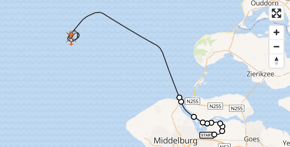Routekaart van de vlucht: Kustwachthelikopter naar Noordzee, Noordzee