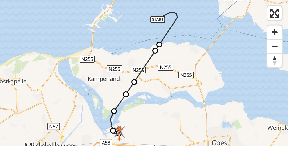 Routekaart van de vlucht: Kustwachthelikopter naar Vliegveld Midden-Zeeland, Vliegveld Midden-Zeeland