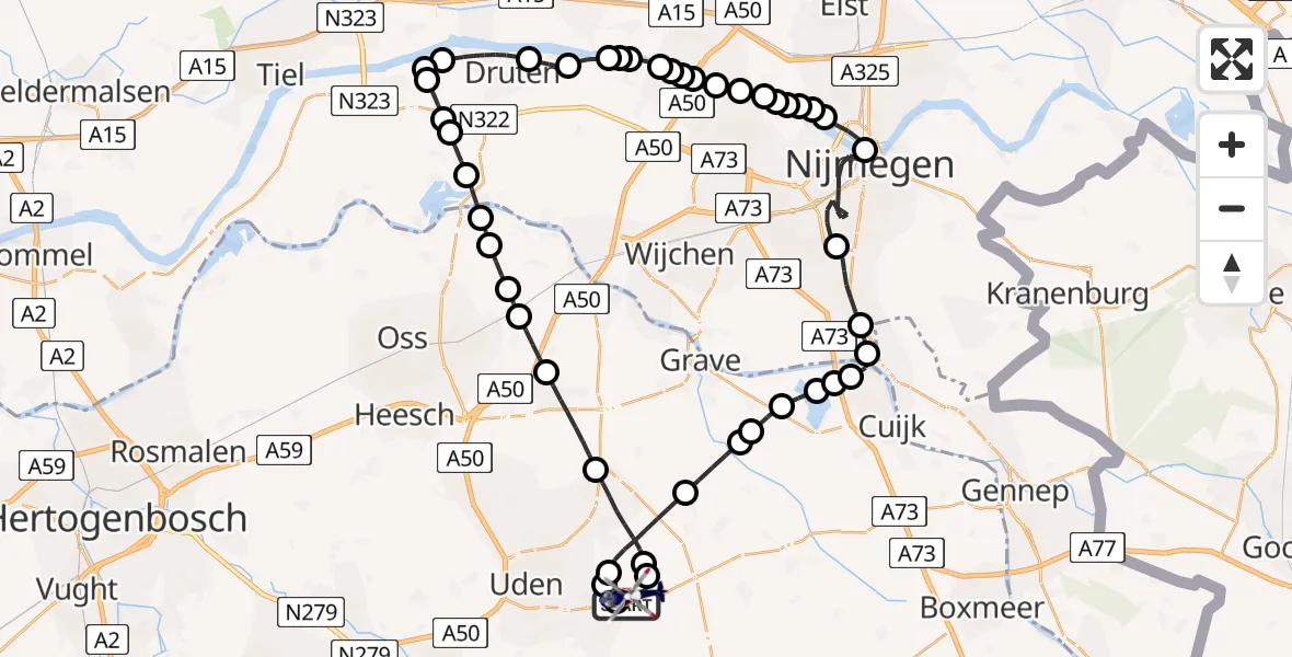 Routekaart van de vlucht: Politiehelikopter naar Vliegbasis Volkel, Vliegbasis Volkel