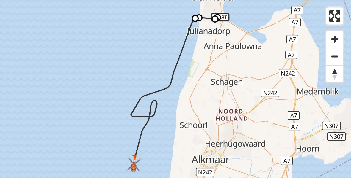 Routekaart van de vlucht: Kustwachthelikopter naar Noordzee, Noordzee