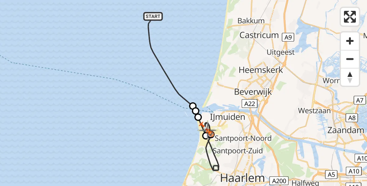Routekaart van de vlucht: Kustwachthelikopter naar IJmuiden, IJmuiderslag
