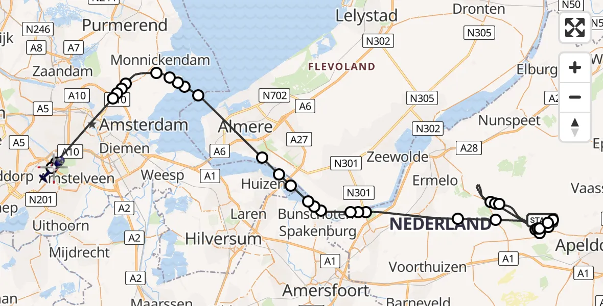 Routekaart van de vlucht: Politiehelikopter naar Amsterdam Vliegveld Schiphol, Amsterdam Vliegveld Schiphol