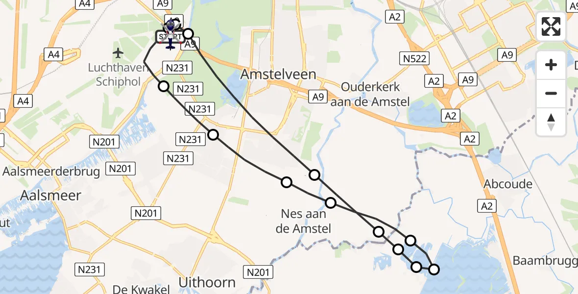 Routekaart van de vlucht: Politiehelikopter naar Amsterdam Vliegveld Schiphol, Amsterdam Vliegveld Schiphol