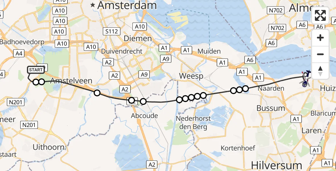 Routekaart van de vlucht: Politiehelikopter naar Naarden, Oud Huizerweg