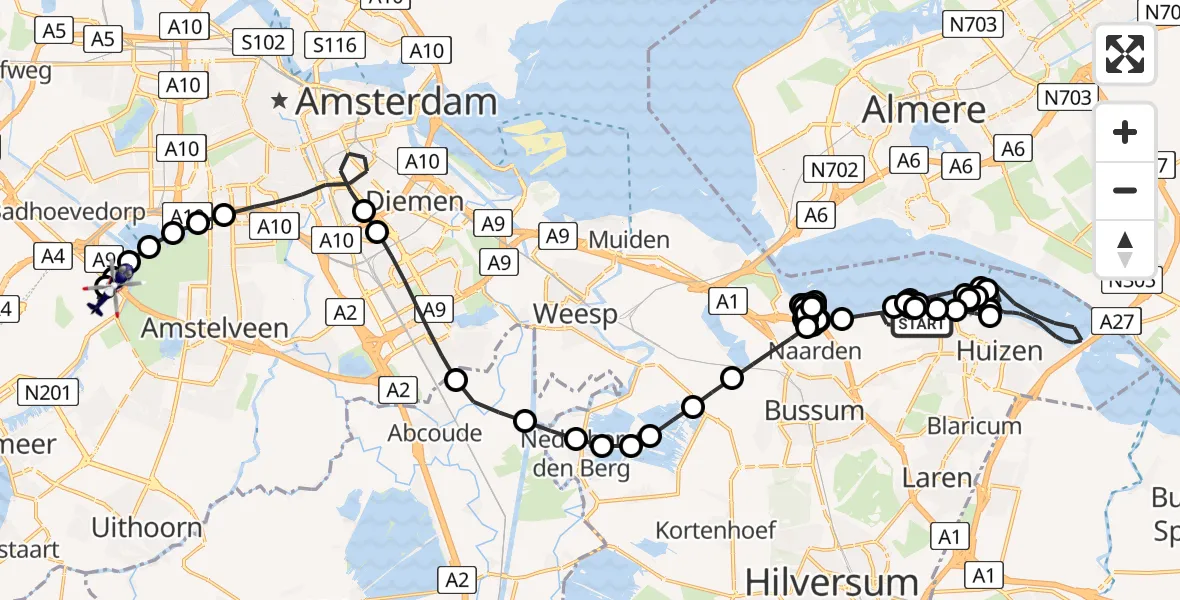 Routekaart van de vlucht: Politiehelikopter naar Amsterdam Vliegveld Schiphol, Amsterdam Vliegveld Schiphol