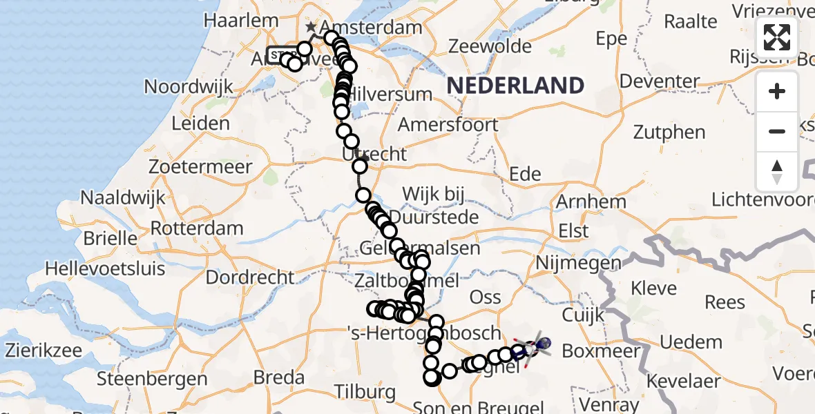 Routekaart van de vlucht: Politiehelikopter naar Vliegbasis Volkel, Vliegbasis Volkel