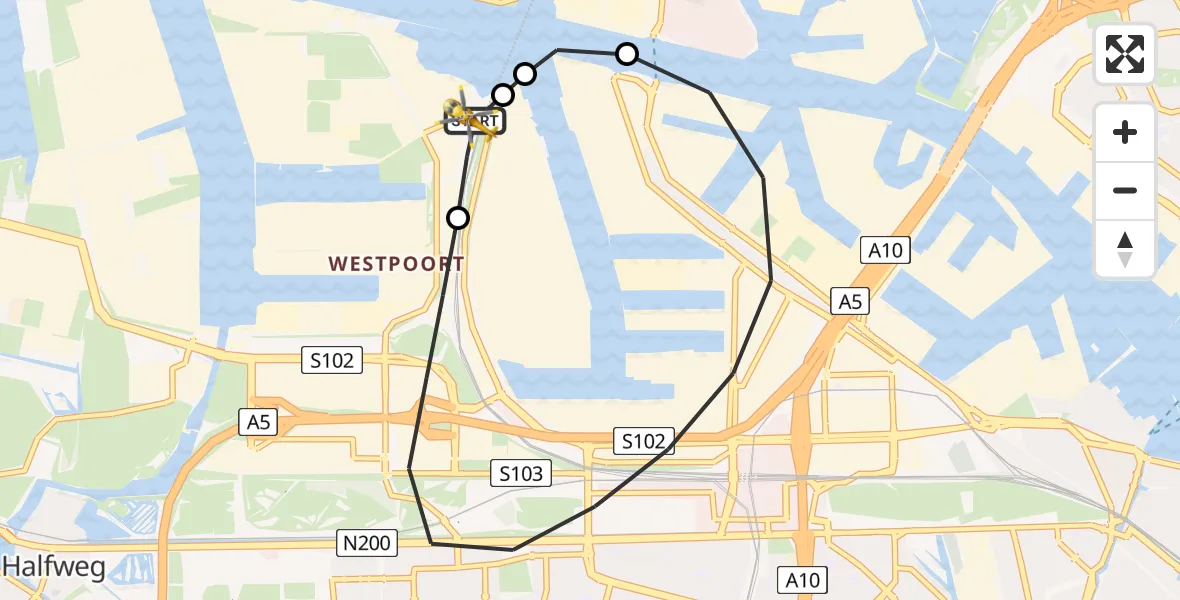 Routekaart van de vlucht: Lifeliner 1 naar Amsterdam Heliport, Amsterdam Heliport