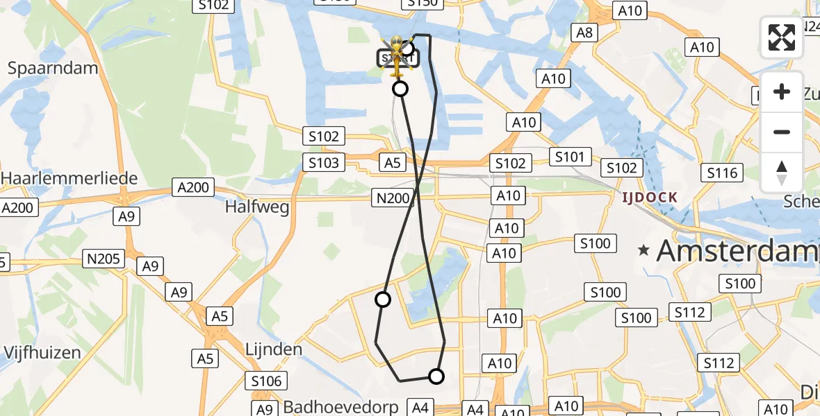 Routekaart van de vlucht: Lifeliner 1 naar Amsterdam Heliport, Amsterdam Heliport